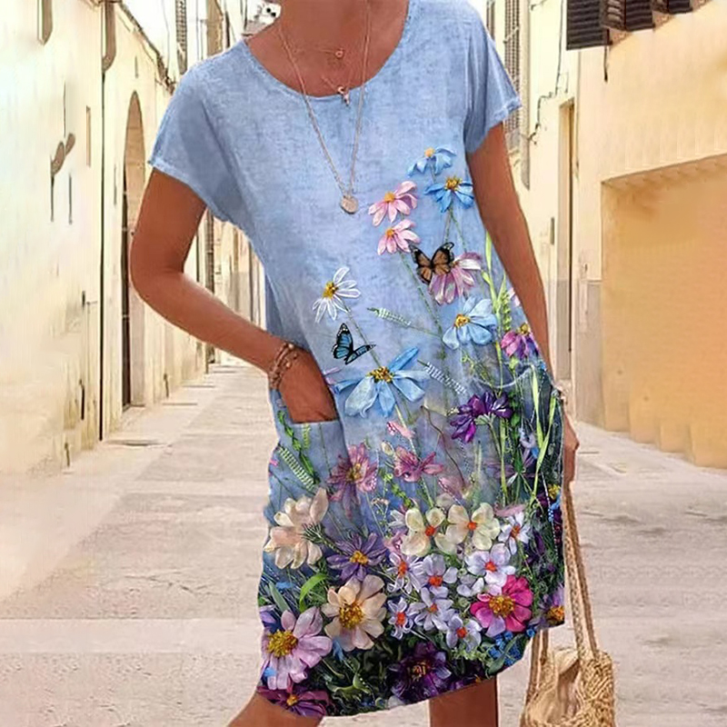 Fashionable Floral Loose Fitting Short Sleeved Midi Dress
