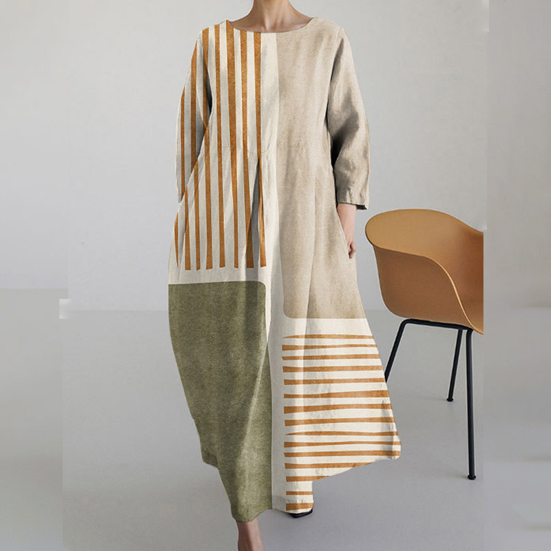 Striped Color Block Crew Neck Loose Midi Dress