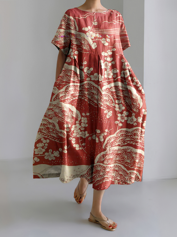 Japanese Art Plum Blossom Printed Crew Neck Casual Midi Dress