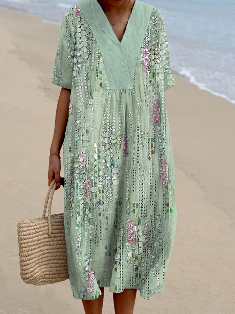 Vintage Sequins Art Casual V Neck Short Sleeve Midi Dress