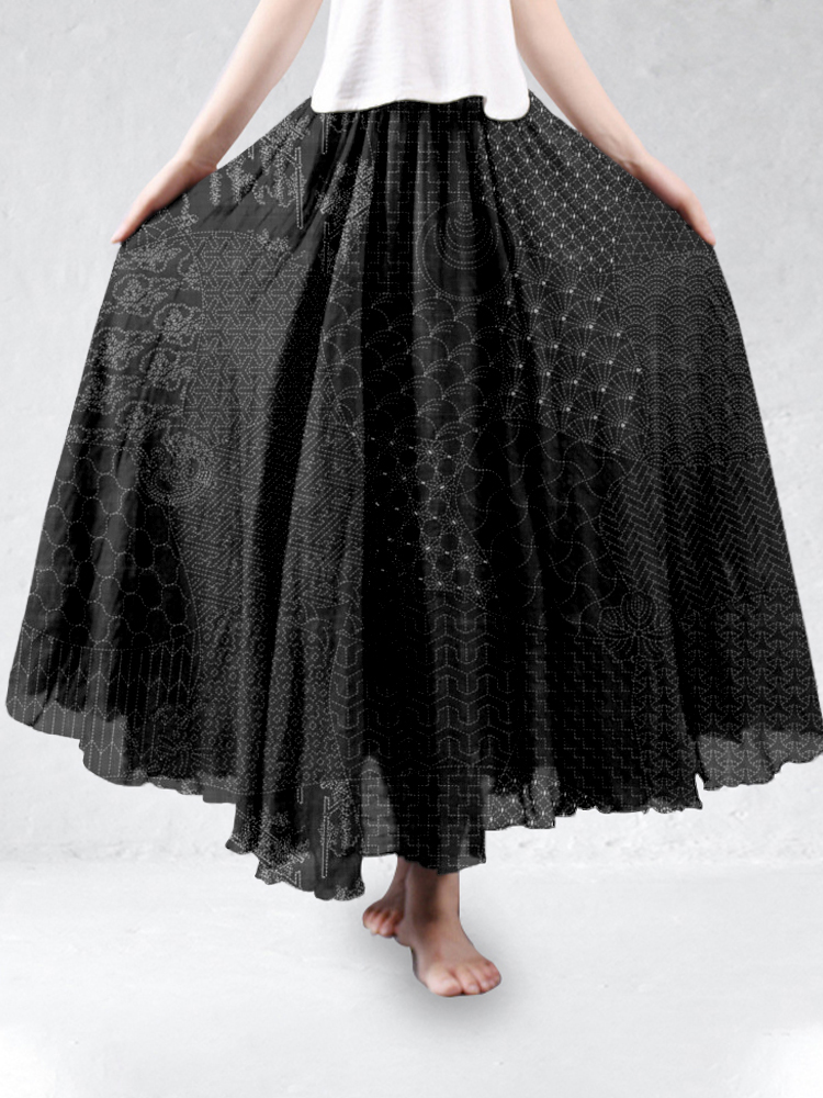 Japanese Traditional Sashiko Art Linen Blend Flowy Wide Skirt