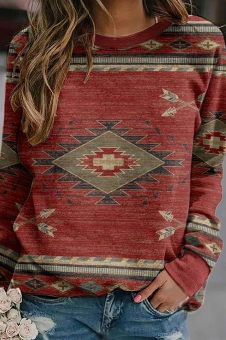 Western Print Crew Neck Long Sleeve Sweatshirt