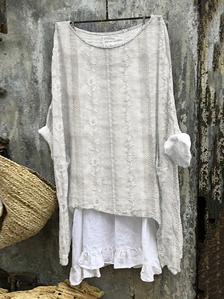 Embroidered Floral Print Linen Blend Loose Blouse