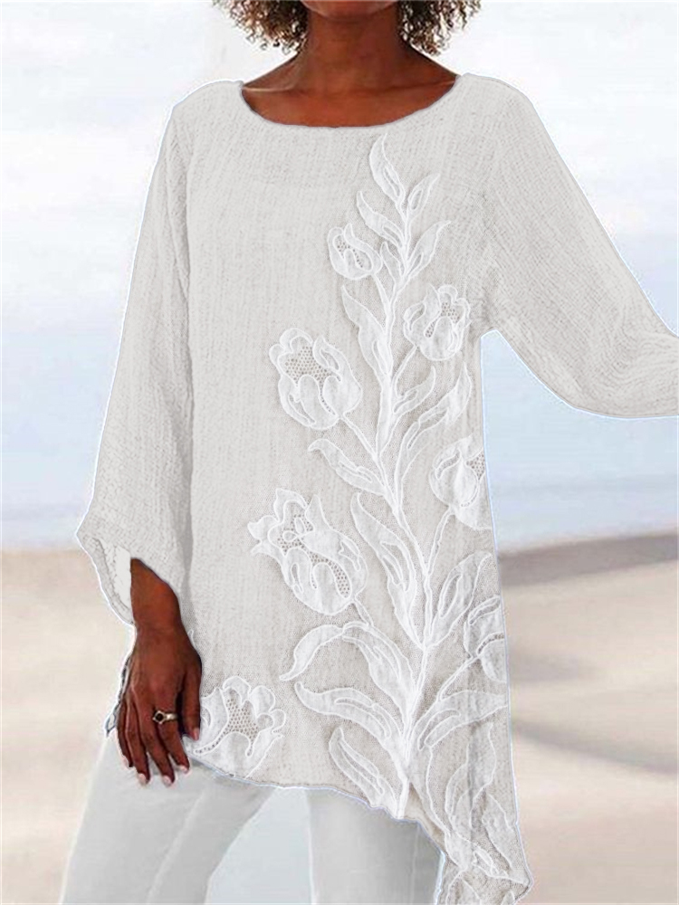 Classy Tulips Embroidered Lace Linen Blend Flowy Tunic