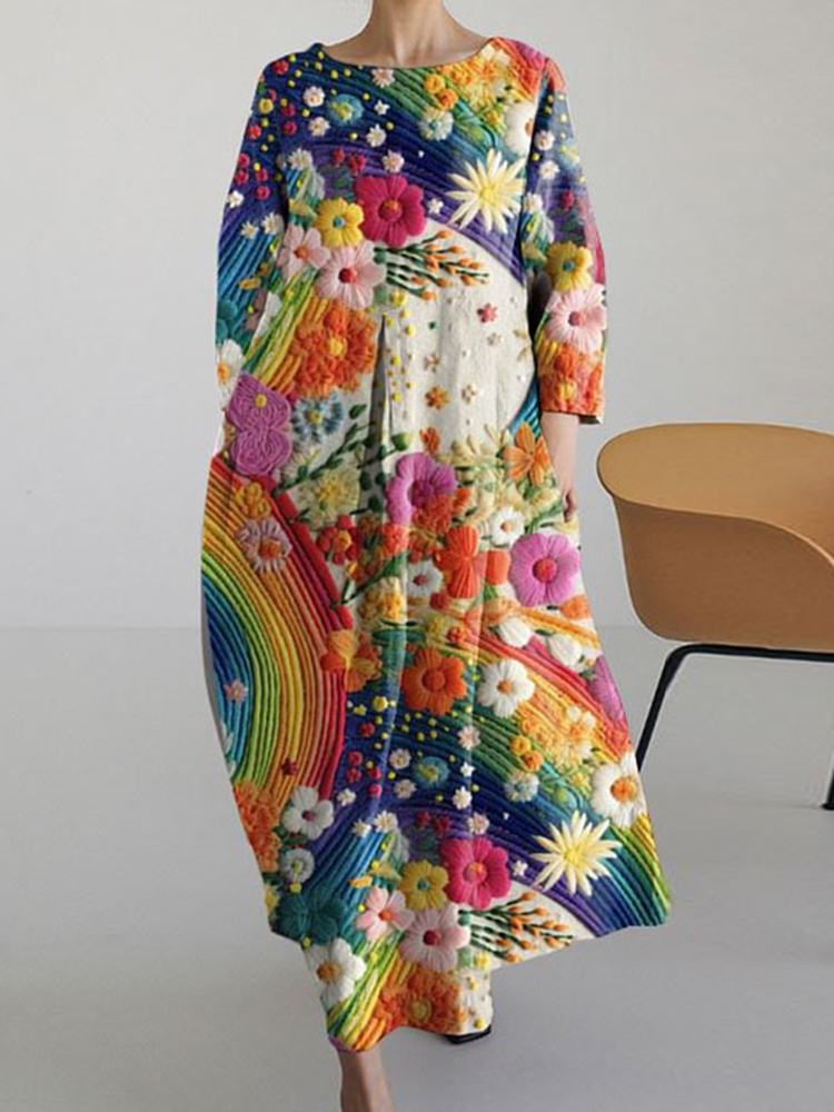 Colorful Embroidered Floral Art Vintage Long Sleeve Midi Dress