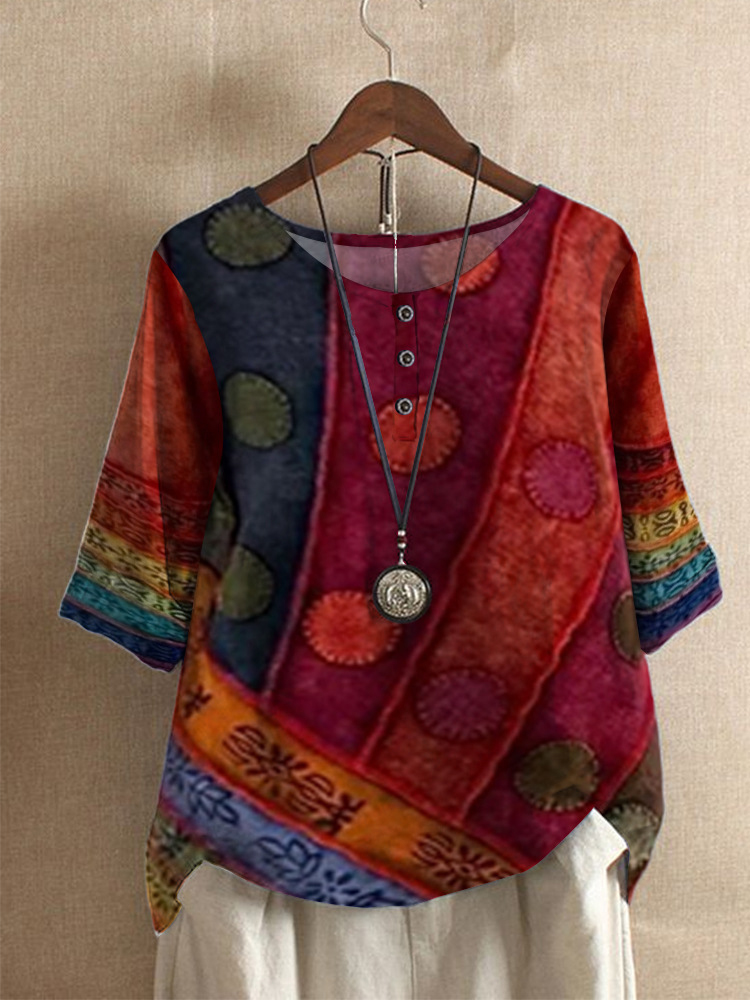 Vintage Print Crew Neck Casual T-Shirt