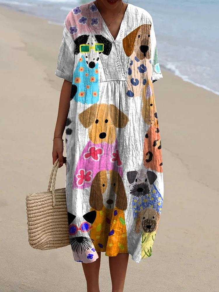 Women's Colorful Cartoon Puppy Print Midi Dress