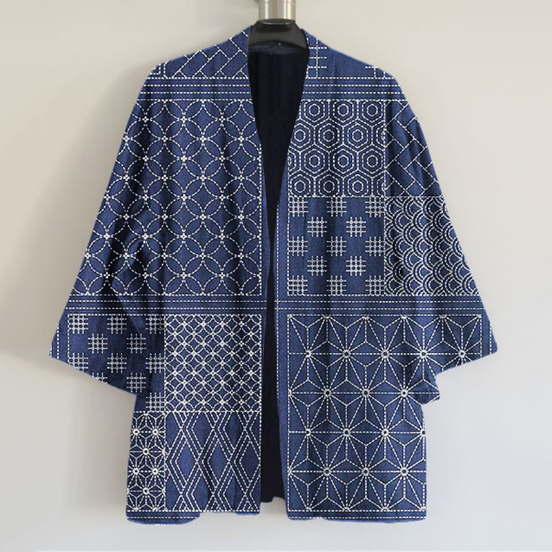 Vintage Japanese Traditional Sashiko Art  Print Linen Blend Kimono Cardigan