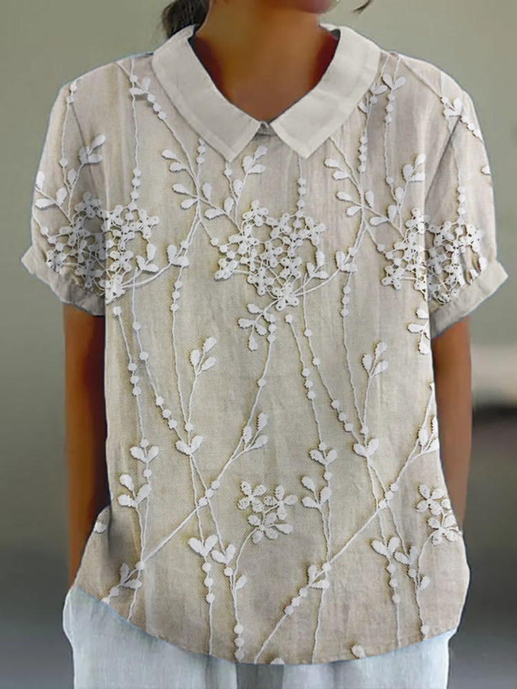 Classy Floral Lace Embroidered Linen Blend Lapels Tunic