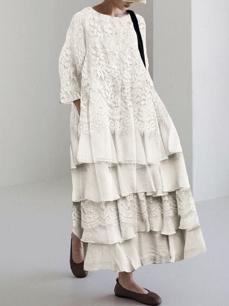 Vintage Floral Lace Ruffle Flowy Linen Blend Maxi Dress