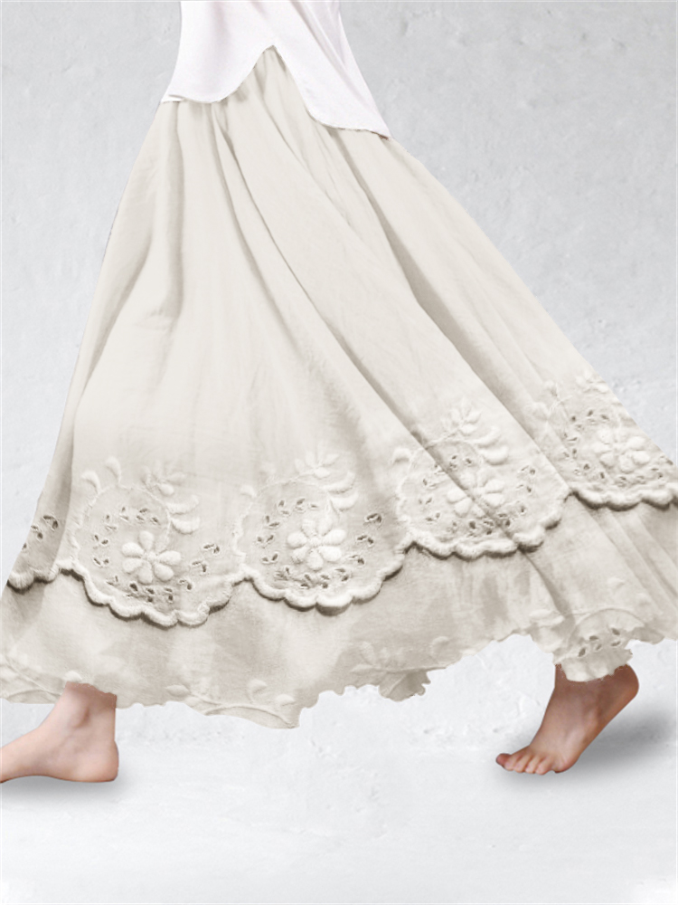 Cottage Floral Embroidered Lace Hem Linen Blend Flowy Skirt