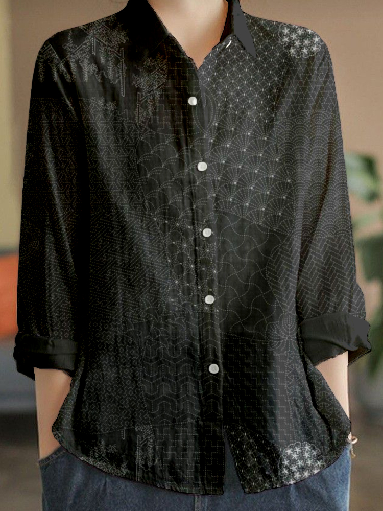 Japanese Traditional Sashiko Art Linen Blend Blouse