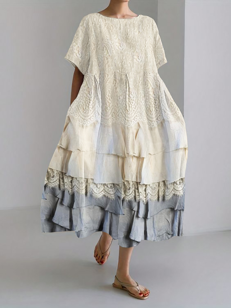 Vintage Floral Lace Contrast Flowy Linen Blend Maxi Dress