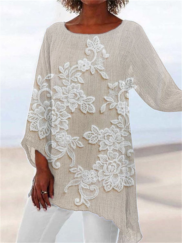 Vintage Floral Lace Embroidered Linen Blend Flowy Tunic