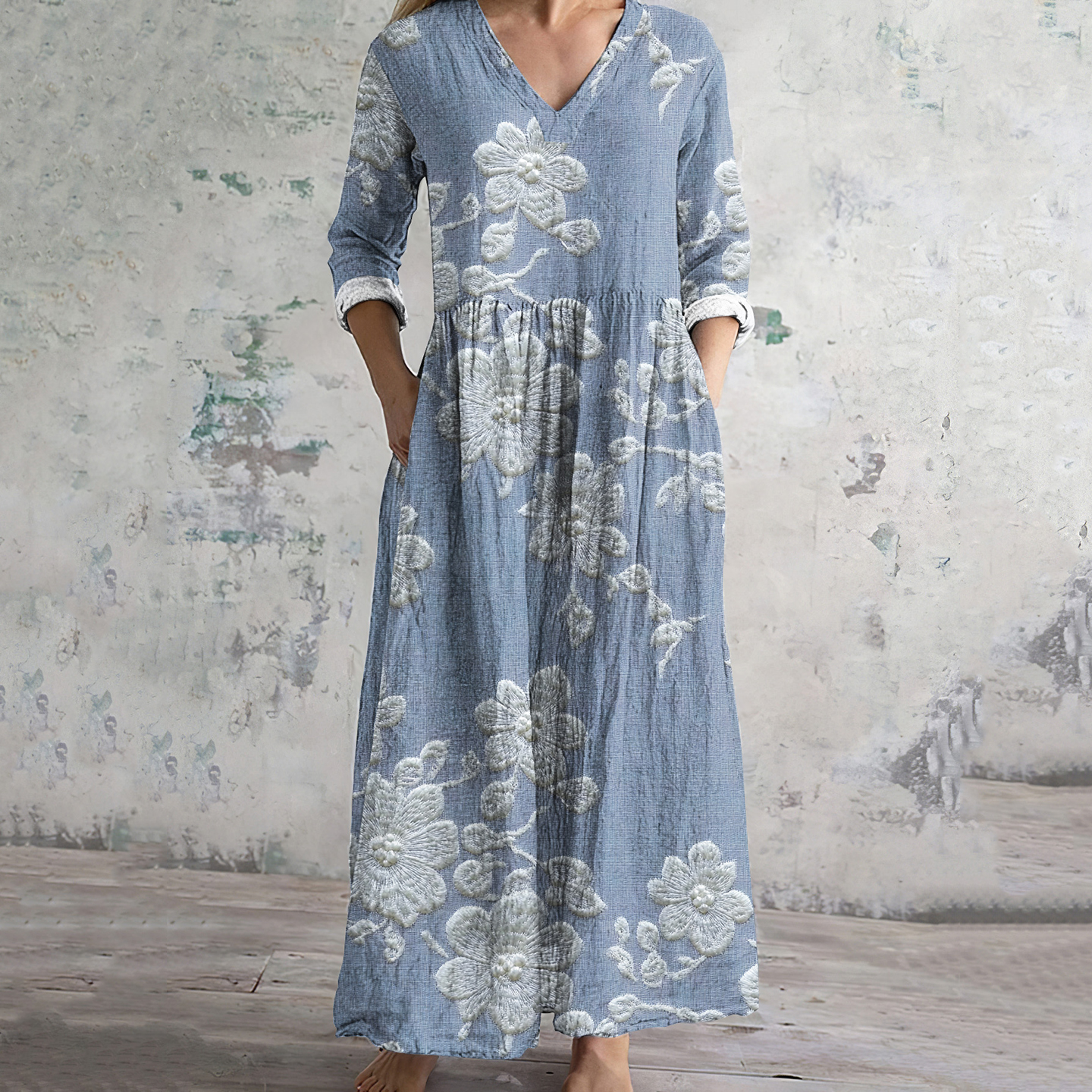 Embroidered Flower Print V-Neck Midi Dress