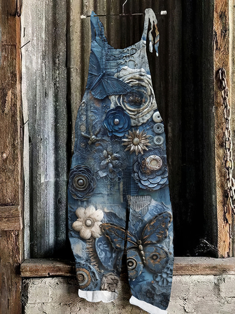 Women's Butterfly Floral Art Cotton Blend Casual Jumpsuit