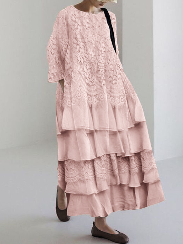 Vintage Floral Lace Ruffle Flowy Linen Blend Maxi Dress