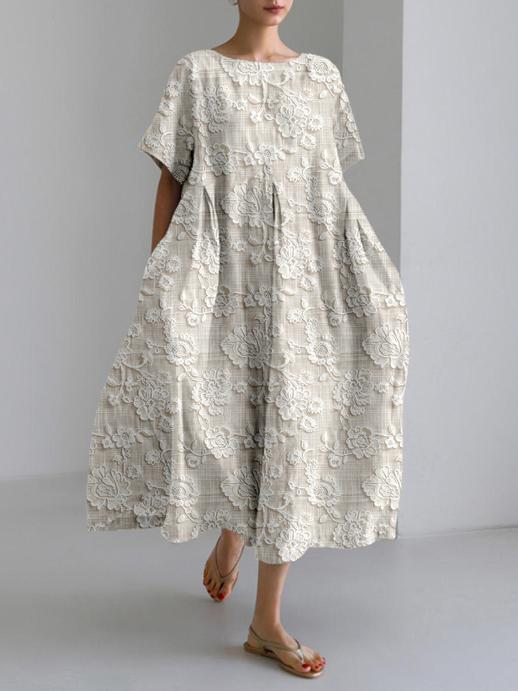 Vintage Floral Lace Embroidered Linen Blend Maxi Dress