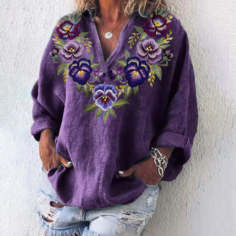 Women's Purple Floral Design Casual V Neck Shirt