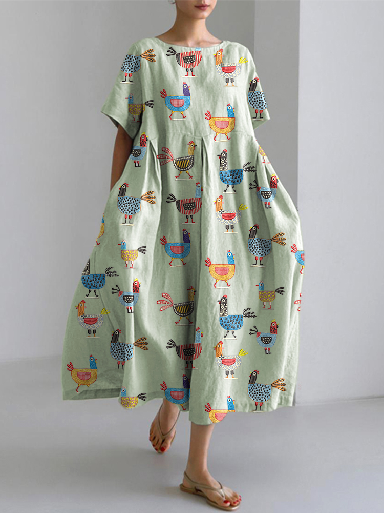 Funny Farm Chicken Embroidery Pattern Linen Blend Dress