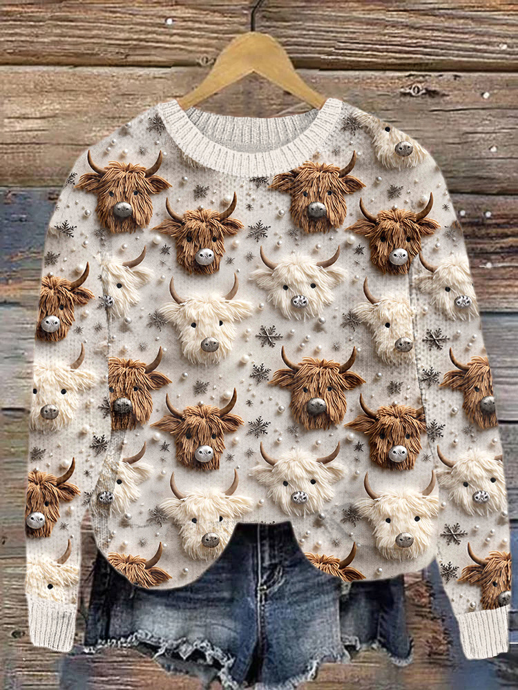 Christmas Highland Cow Casual Cozy Knit Sweater