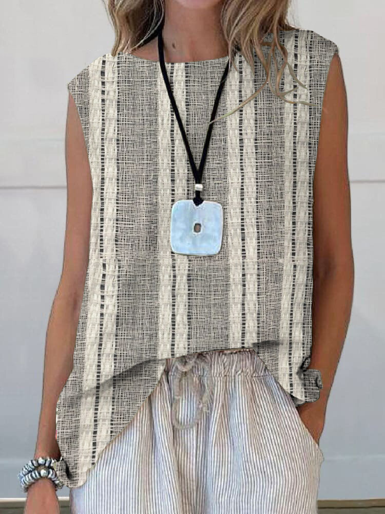 Women Vintage Stripes Casual Crew Neck Tops