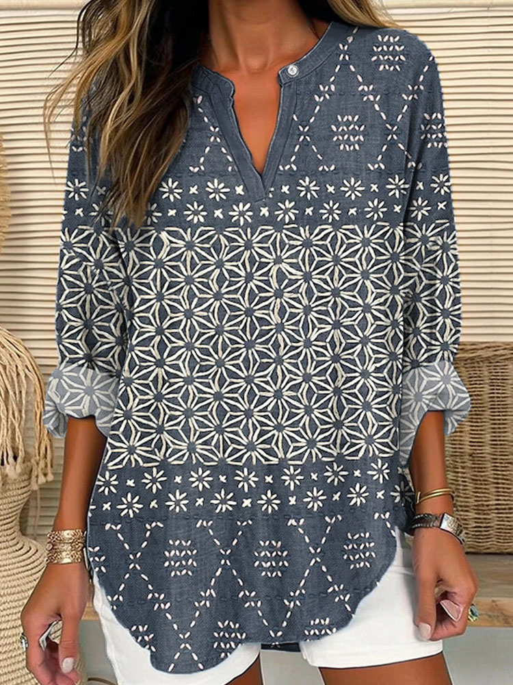 Floral Embroidery Pattern Linen Blend Vintage Shirt