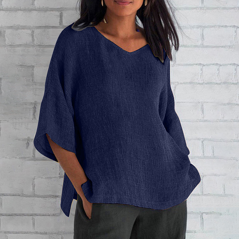 Loose V-Neck Elegant Solid Color Mid Sleeve Linen T-Shirt