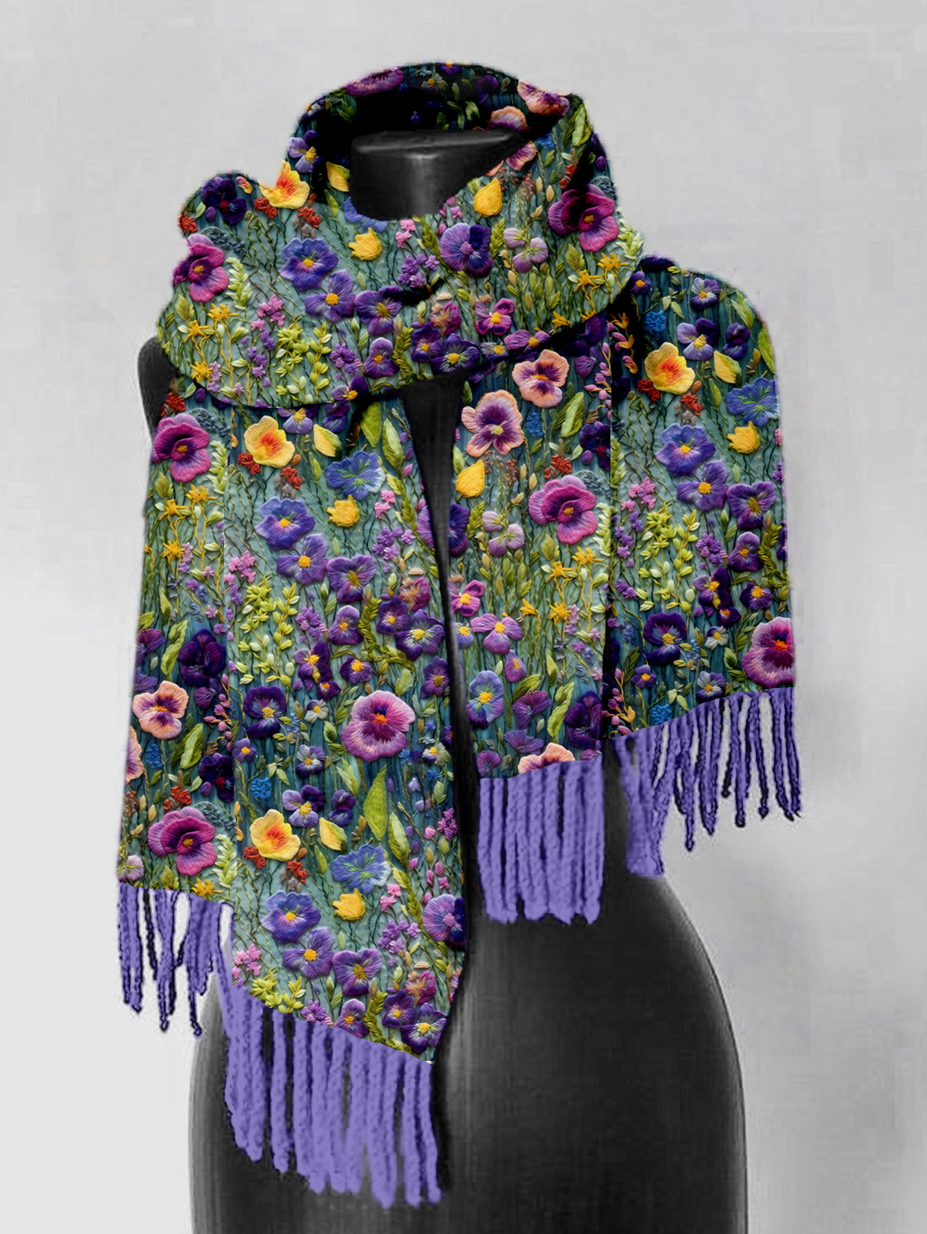 Violet Wildflower Embroidery Art Comfy Tassel Scarf