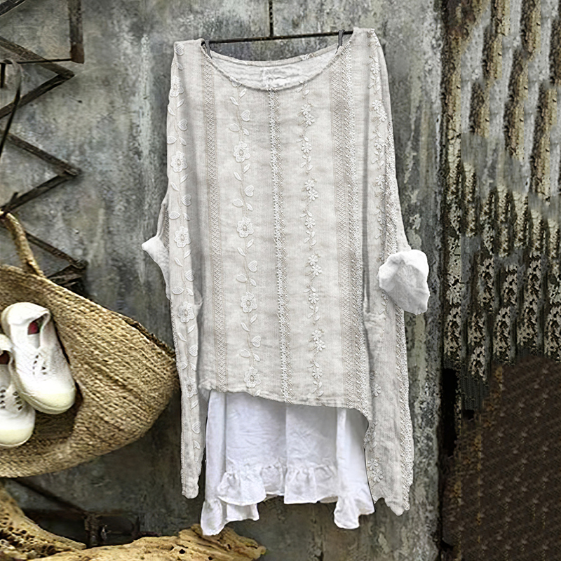 Embroidered Floral Print Linen Blend Loose Blouse