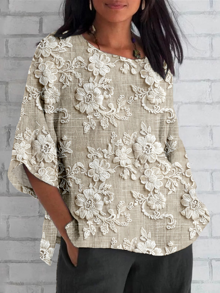 Vintage Floral Lace Embroidered Linen Blend Shirt