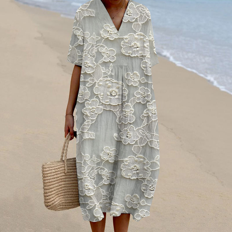 Lace Floral Print V-Neck Loose Midi Dress