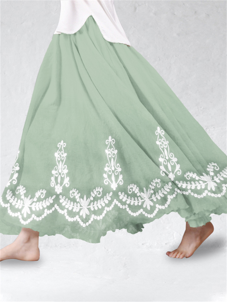 Vintage Floral Embroidered Lace Linen Blend Flowy Skirt