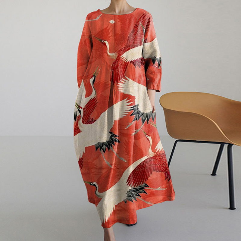 Vintage Feihe Round Neck Long Sleeve Midi Dress