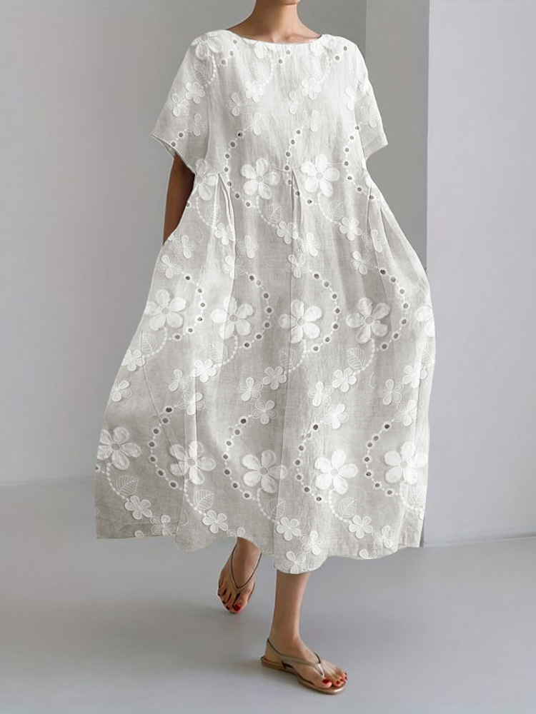 3D Floral Embroidered Lace Linen Blend Maxi Dress
