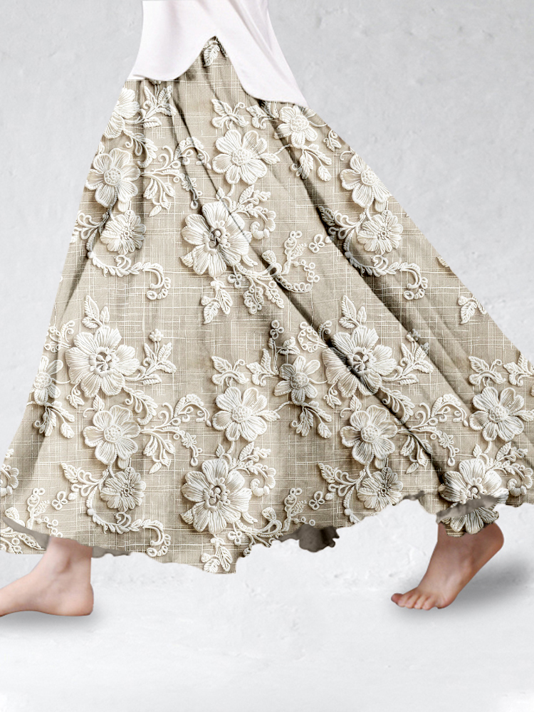Vintage Floral Lace Embroidered Linen Blend Flowy Skirt