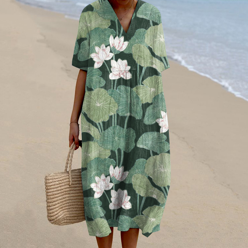 Women'S Lotus Art V-Neck Dress