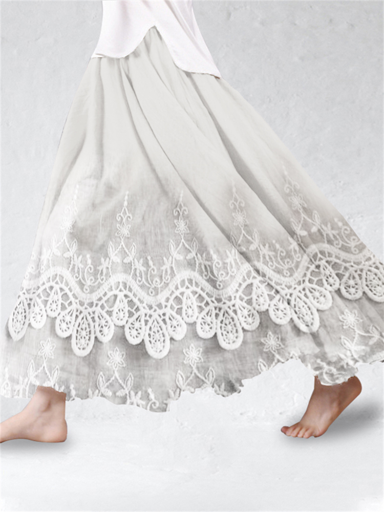 Vintage Floral Lace Hem Linen Blend Flowy Skirt