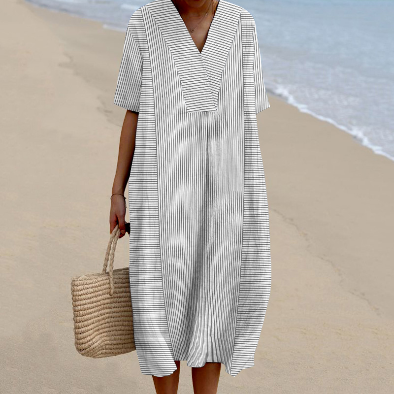 Striped Printed V-Neck Short Sleeved Loose Midi Dress