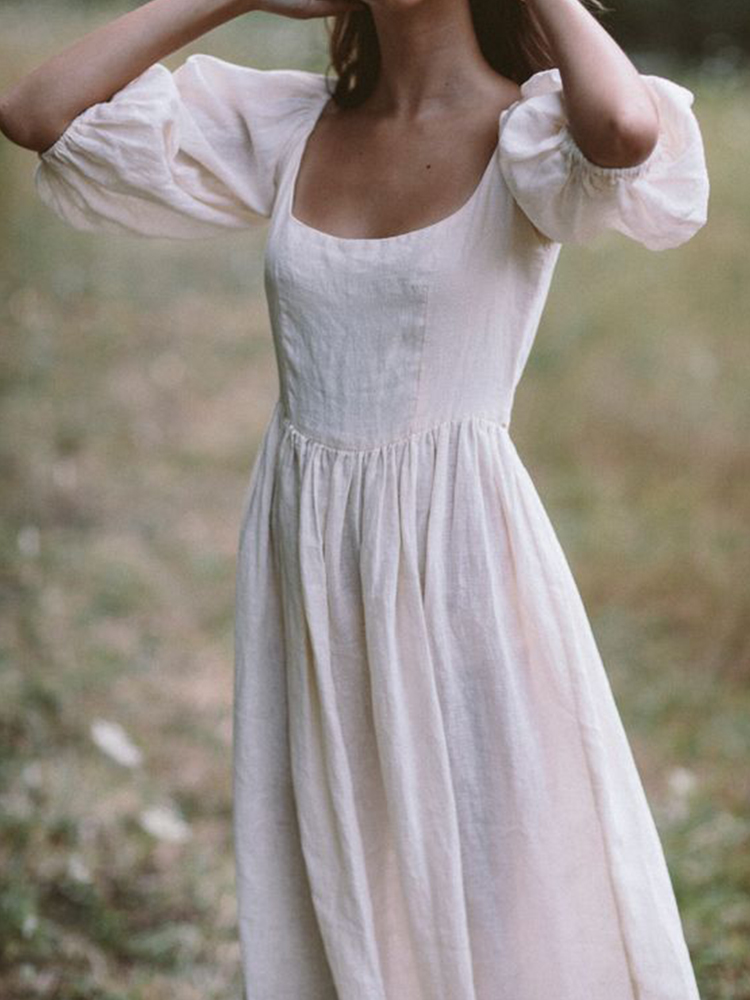 Vintage Elegant Puff Sleeve Scoop Neck Maxi Dress