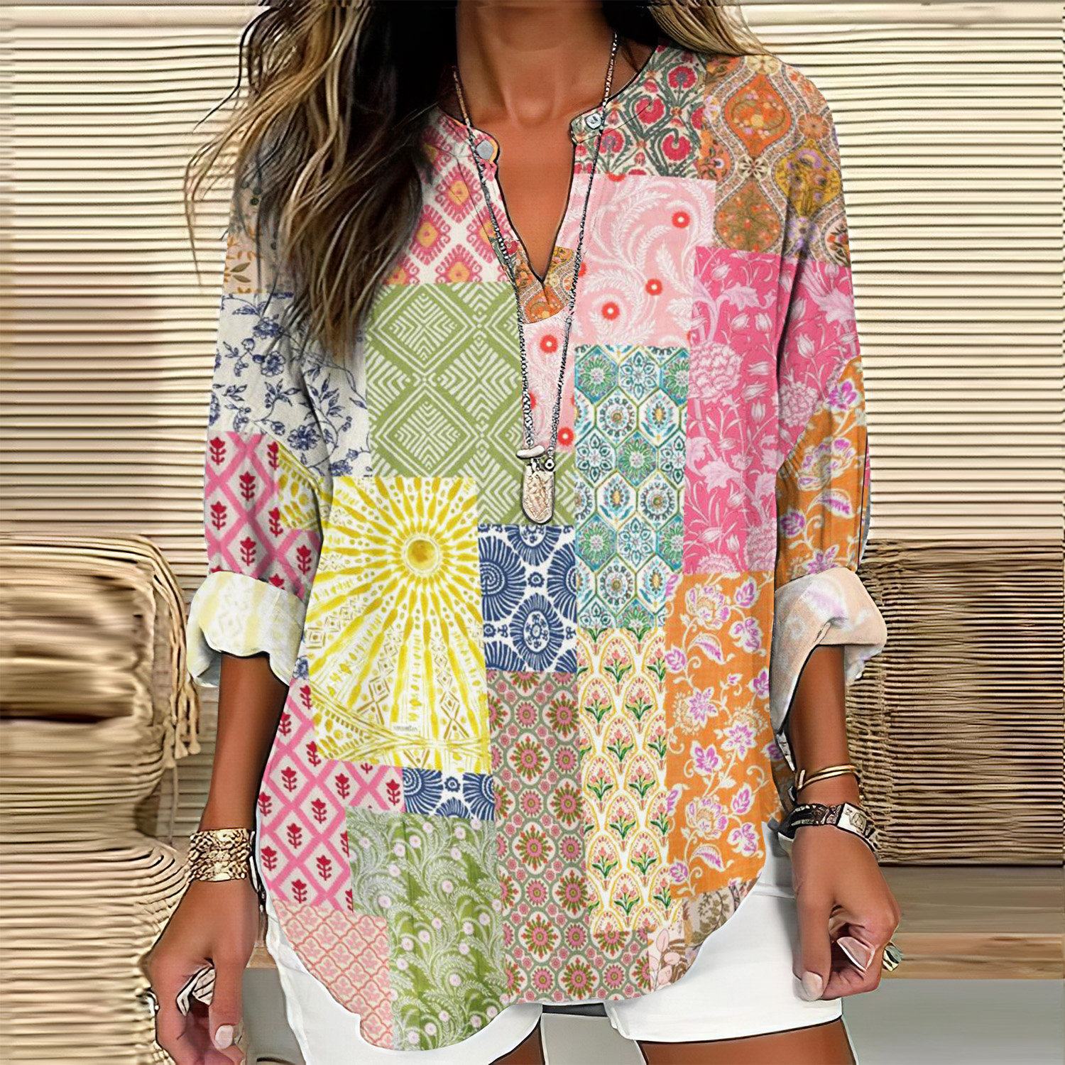 Vintage Contrast Floral  Painting Japanese Art Linen Blend Tunic