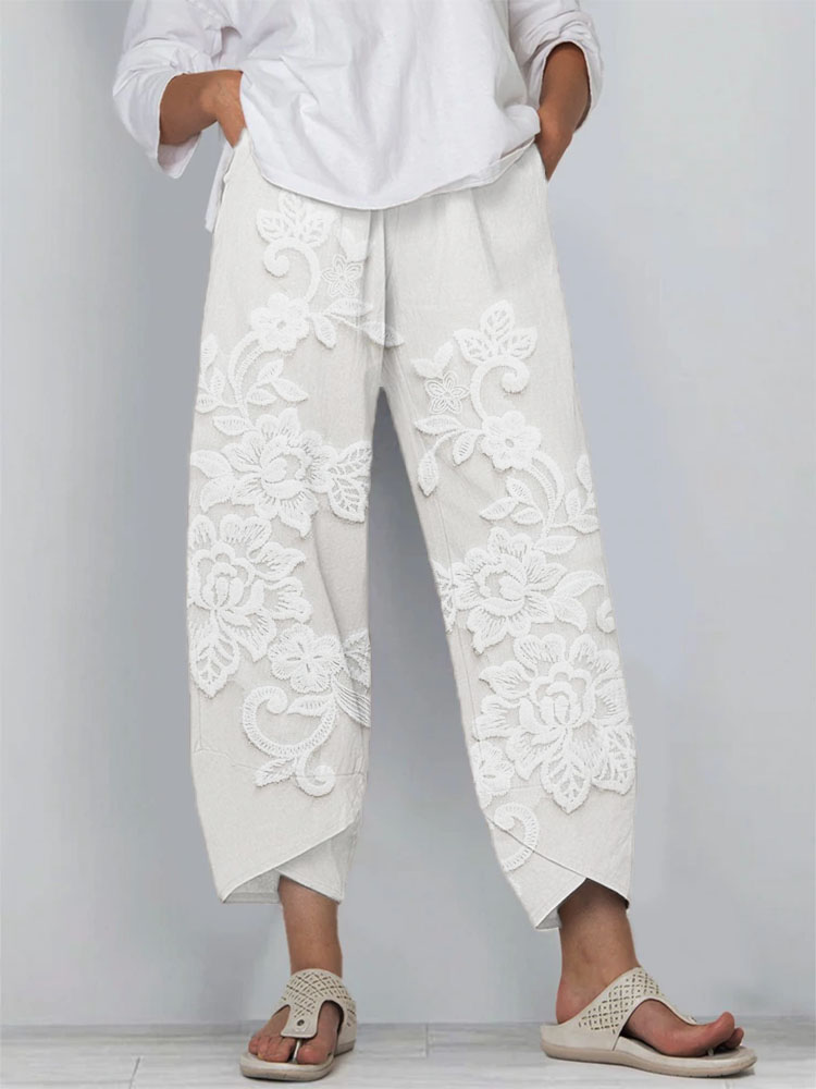 Vintage Floral Lace Embroidered Linen Blend Cropped Pants