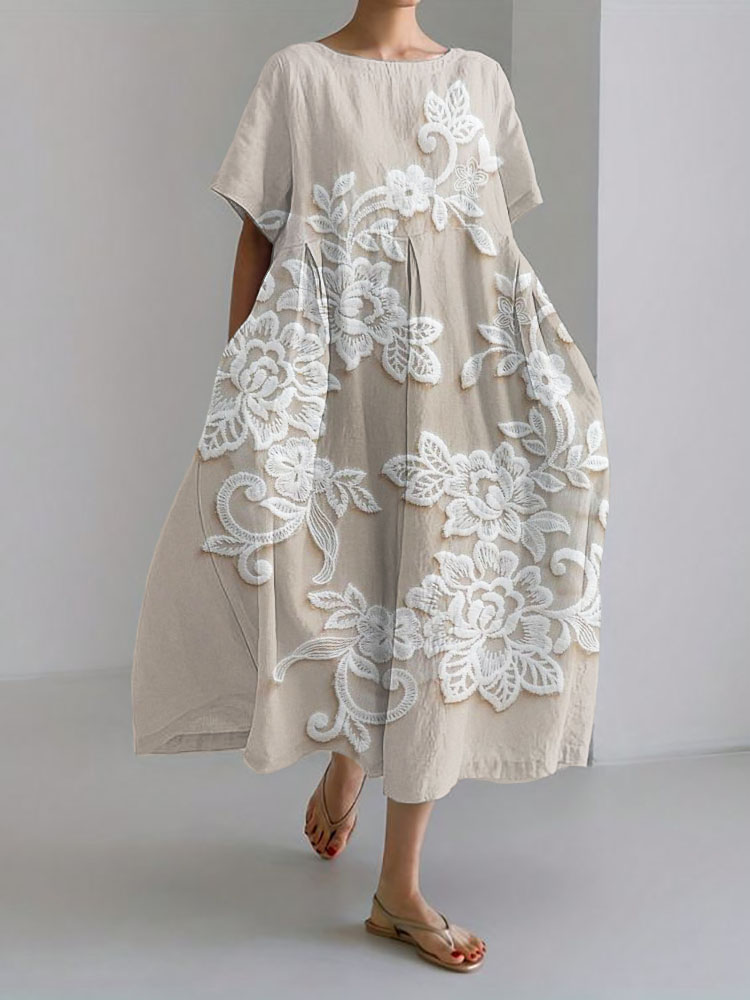 Vintage Floral Lace Embroidered Linen Blend Maxi Dress