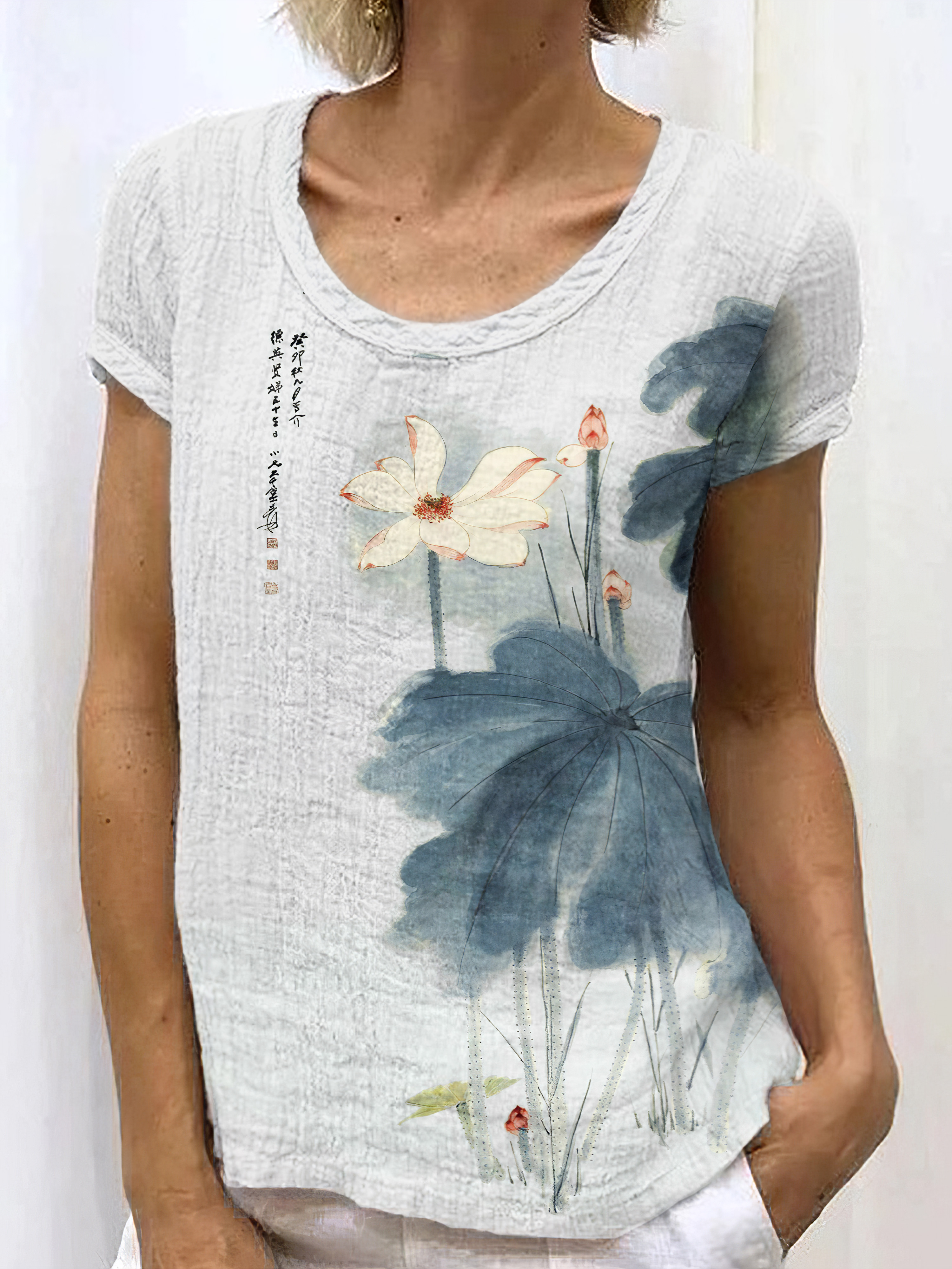 Japanese Retro Orchid Ink Wash Painting Art Linen Casual T-Shirt