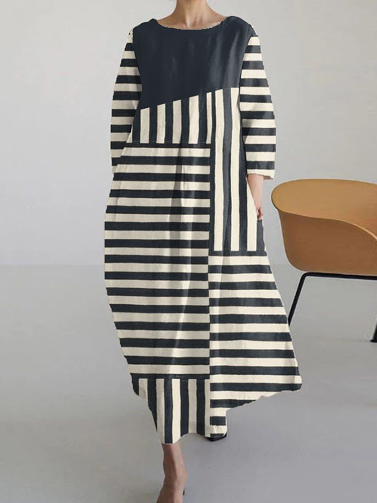 Striped Art Print Loose Midi Dress