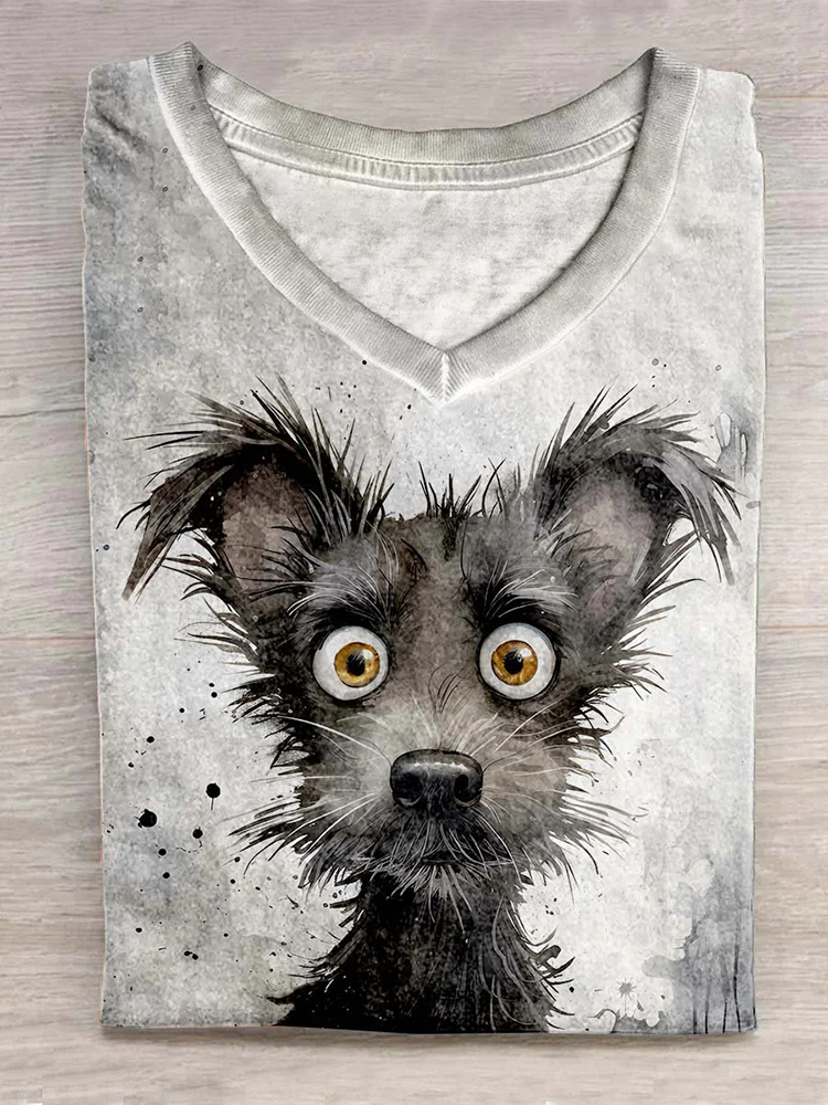 Funny Dog Ink And Watercolor Art Print Casual T-Shirt