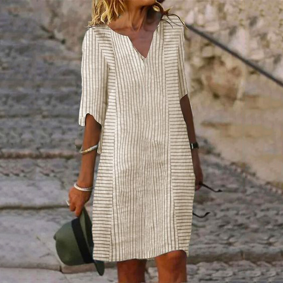 Striped Printed V-Neck Linen Blend Casual Midi Dress