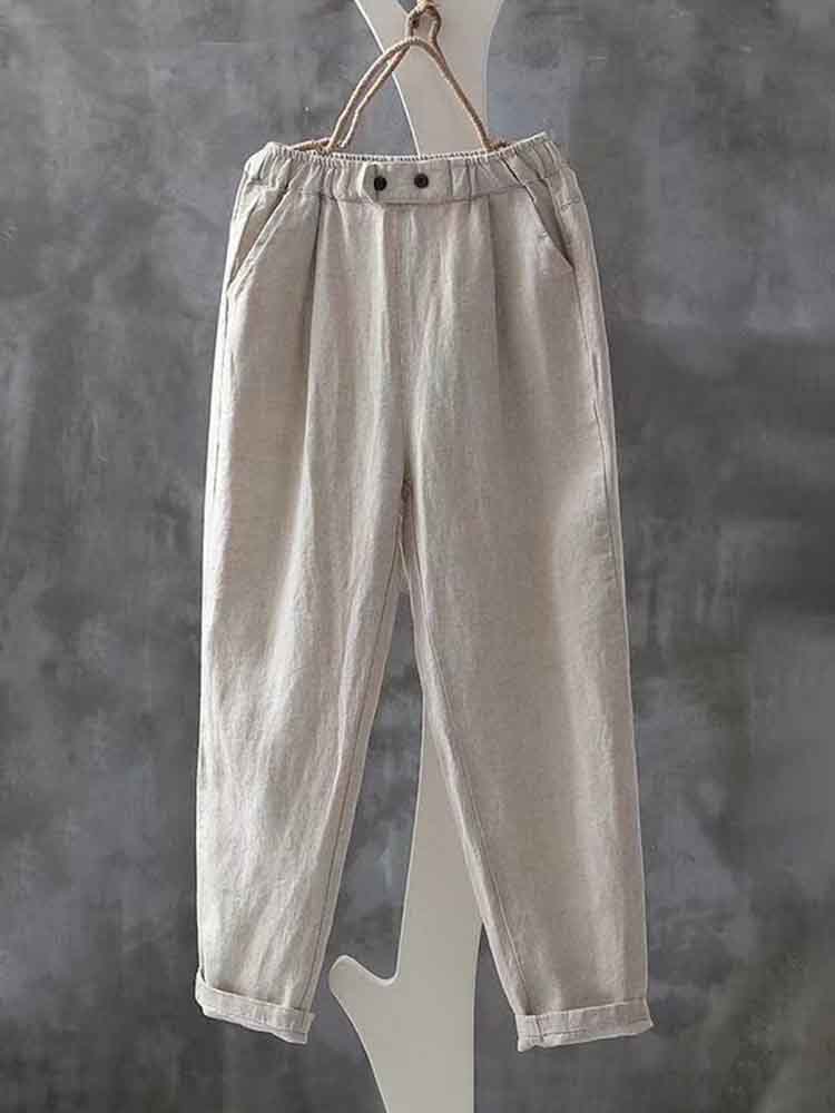 Women's Simple Linen Blend Elastic Waist Casual Pants
