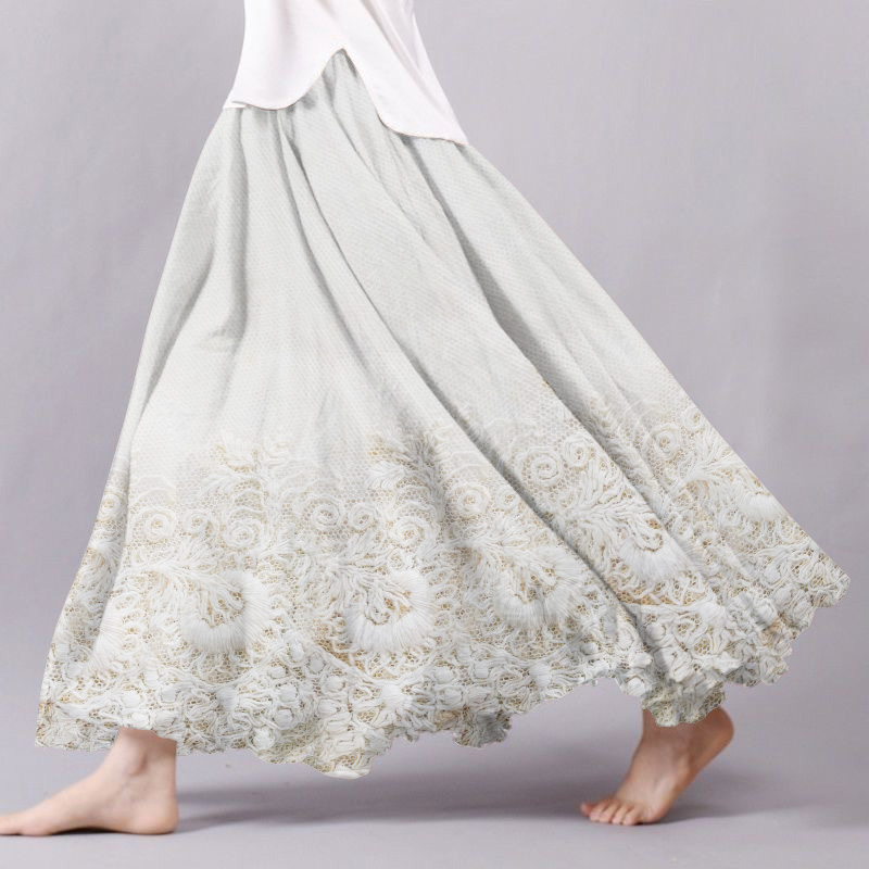 Floral Embroidered Art Print Linen Blend Flowy Skirt