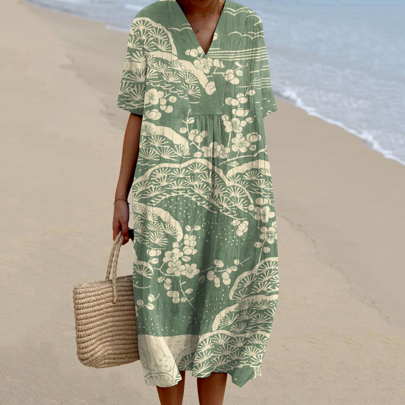 Japanese Art Plum Blossom Printed V Neck Casual Midi Dress